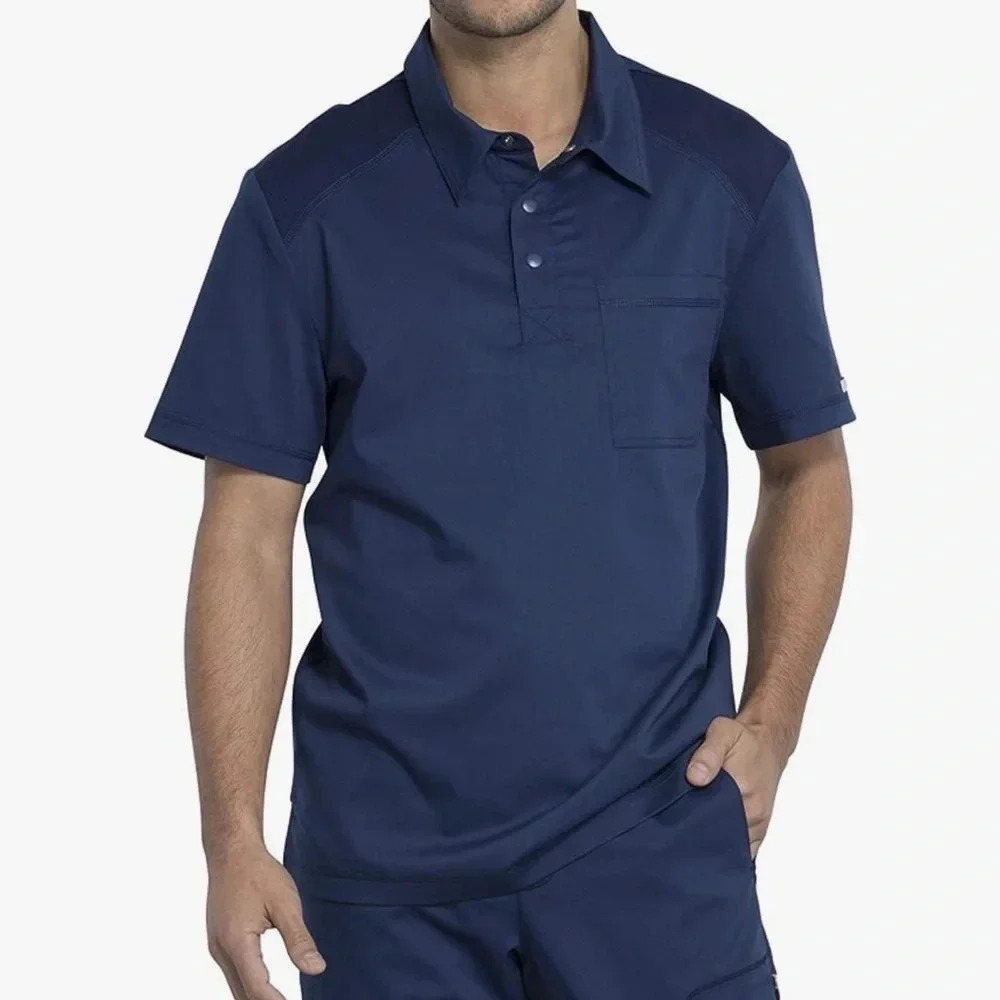 Cherokee Men's Polo Scrub Top, Modern Sporty V-Neck with Breathable Mesh Fabric